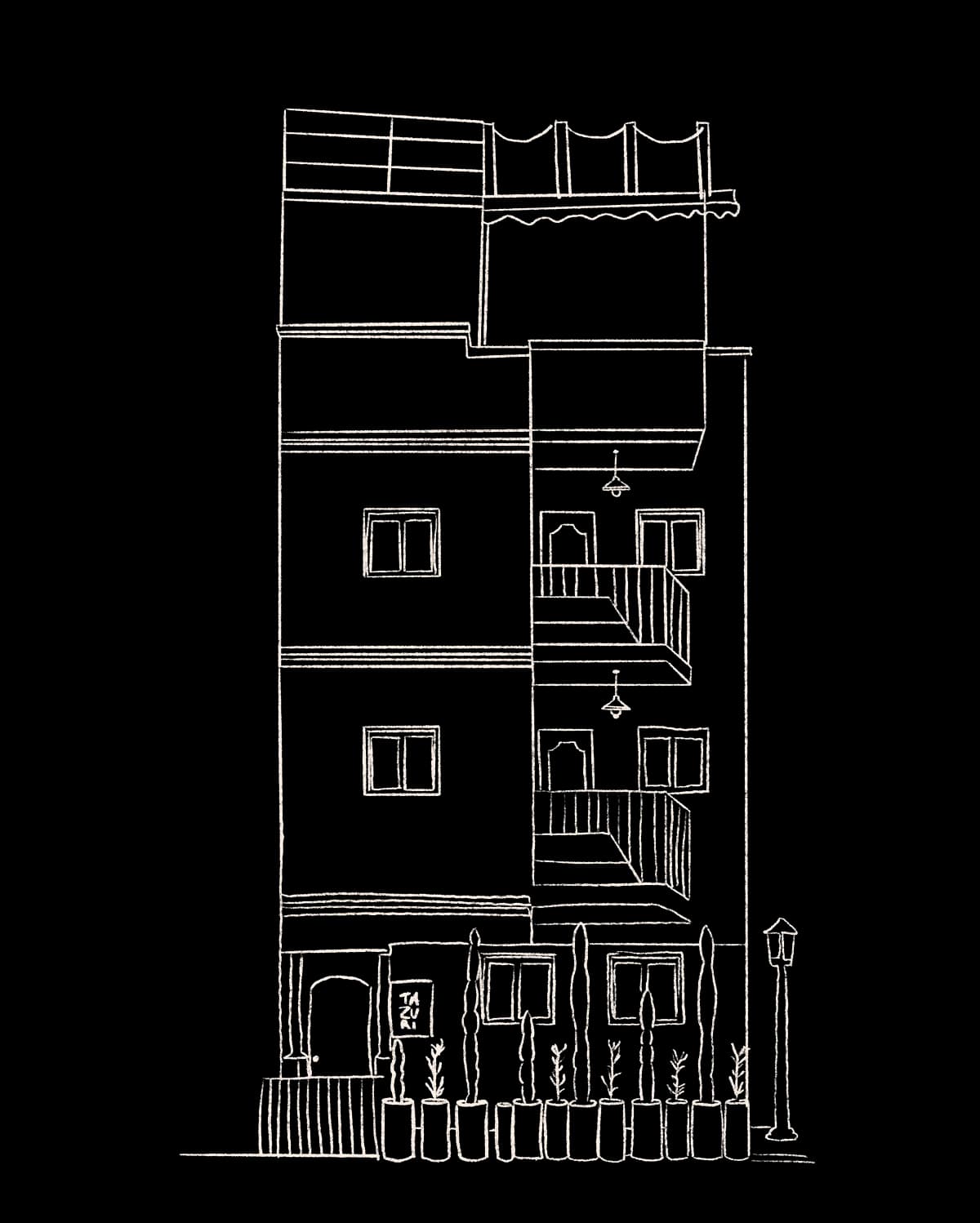 Hand-drawn sketch of the Tazuri house
